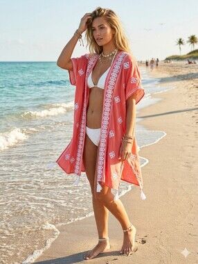 Daily Threads Pink/Coral Embroidered Tassel Kimono Cover-Up Size Small/Medium